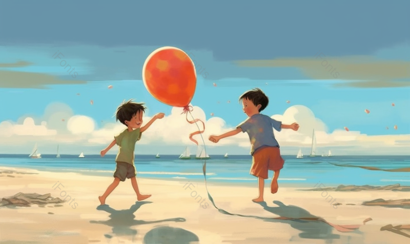 两个人一个气球夏天儿童小孩湖边海边大海游玩嬉戏可爱唯美插画,插画/手绘图,插画/手绘图库,插画/手绘图下载,插画/手绘
